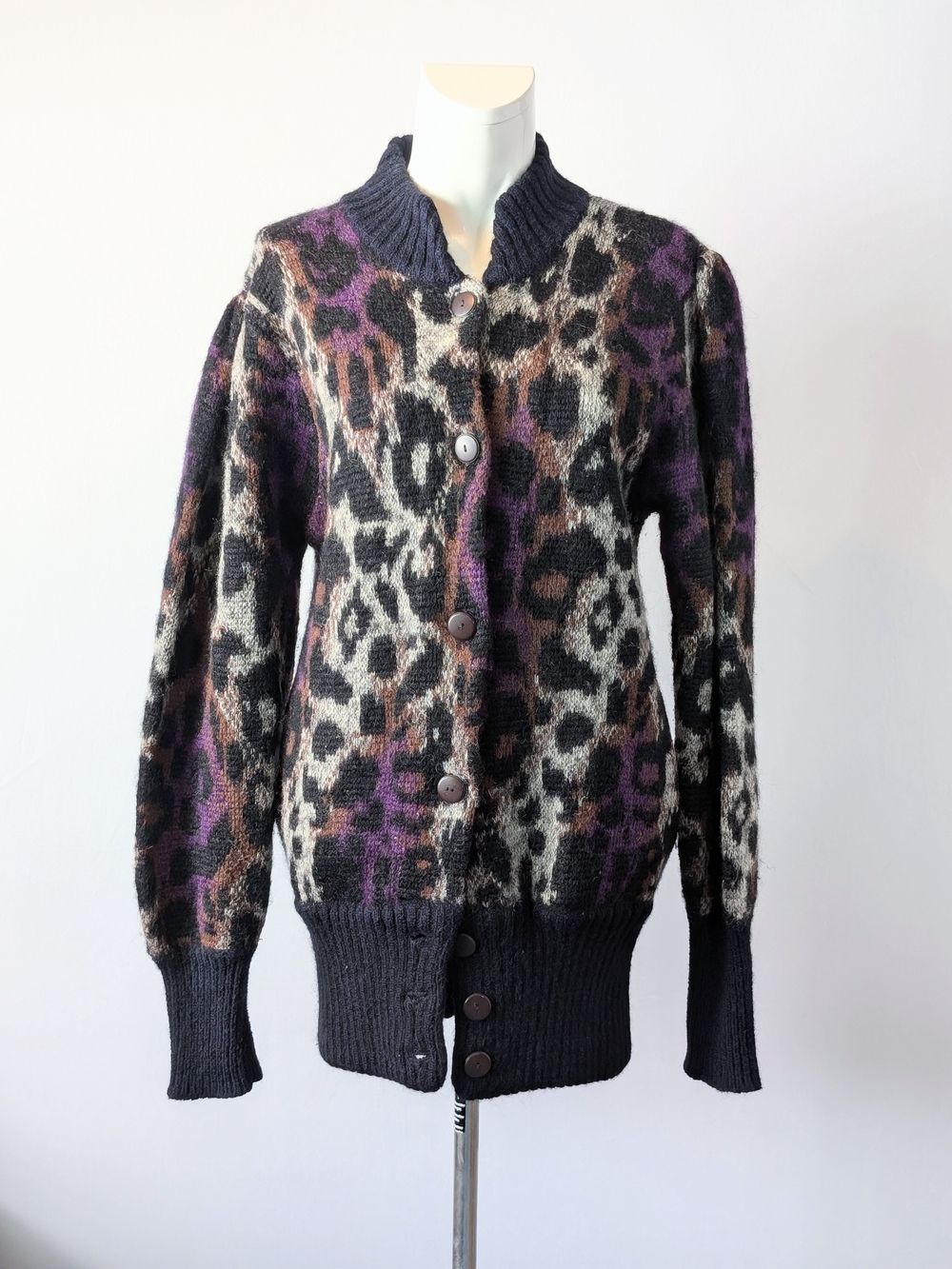 Leopard Print Button-Up Cardigan Sweater - Purple & Black